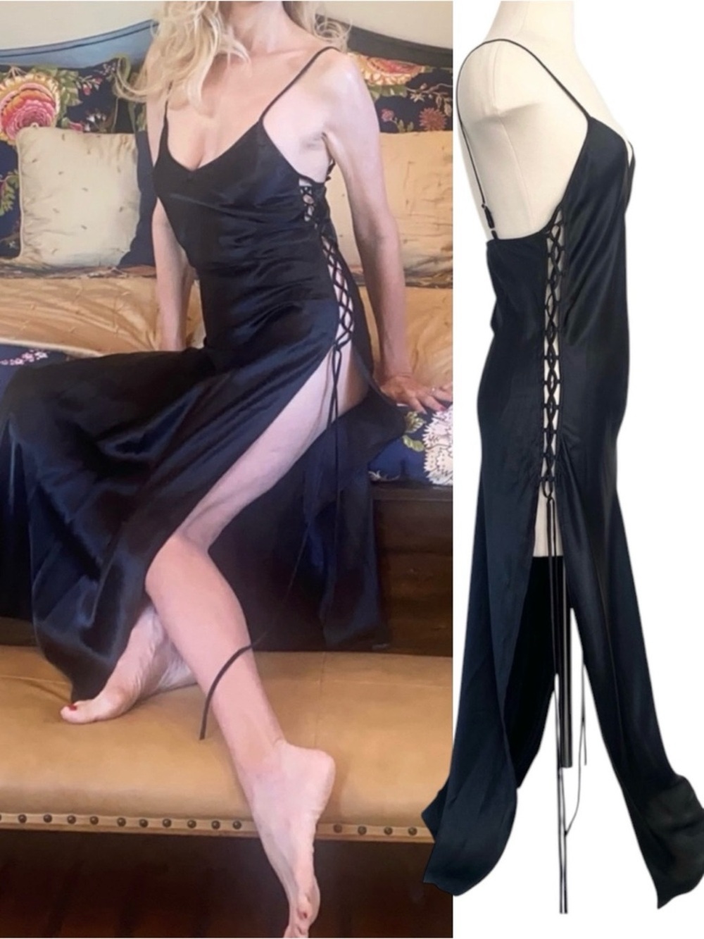 Y2K Victoria’s Secret Silky Satin Black Corset Vintage Maxi Gown Slip Dress M